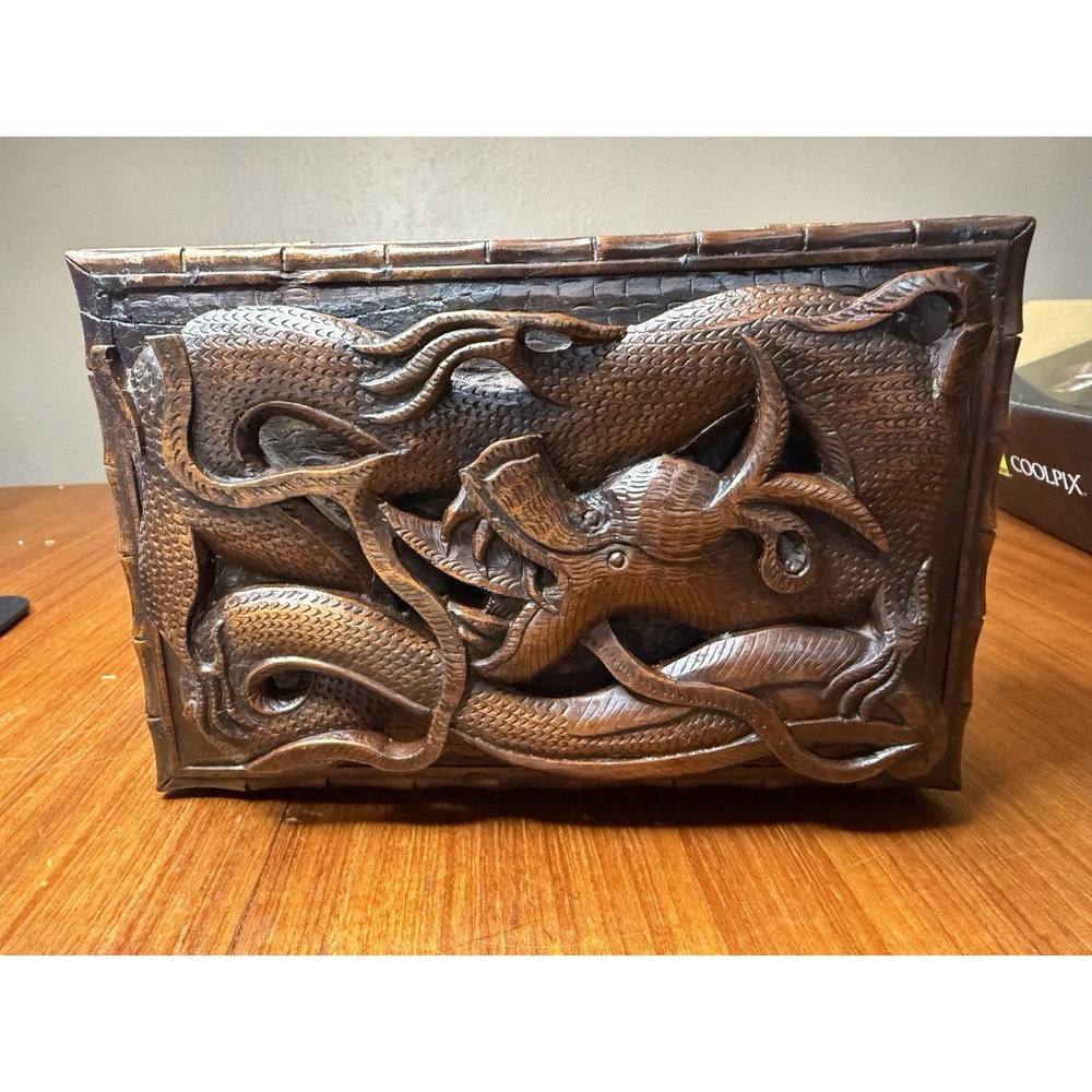 Vintage Hand Carved Solid Teak Dragon Box High Relief Chinese Jewelry Box 9x6x4